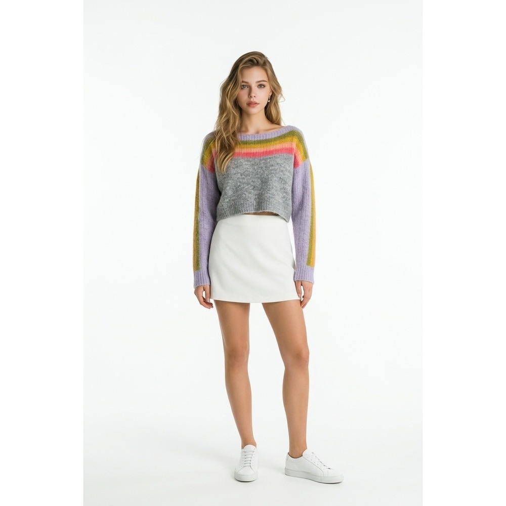 Free People Women Rainbow Stripe Cropped Alpaca Blend Sweater Grey Purple Small